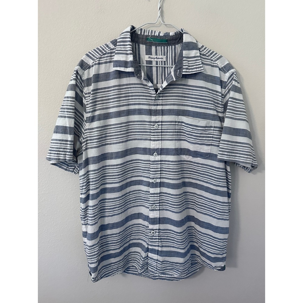 Tommy Bahama Shirt Large Blue Striped Cotton Short Sleeve Button Up Summer
